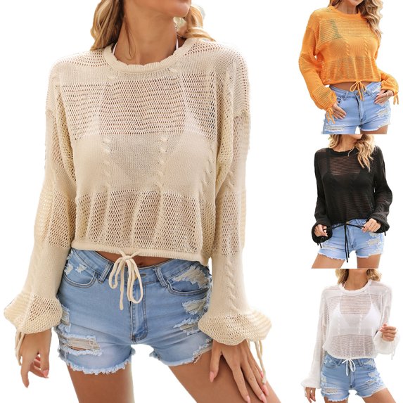 Qzwdhjm Crochet Swimsuit Coverup Top for Women Cropped Long Bell Sleeve Beach Tops Hollow Out Crewneck Bathing Suit Cover Up for Summer Beach