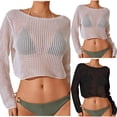thumbnail image 1 of Qzwdhjm Cropped Swimsuit Coverup Top for Women Crochet Hollow Out Bathing Suits Cover Up Boat Neck Long Sleeve Beach Coverups Tops for Resortwear, 1 of 4