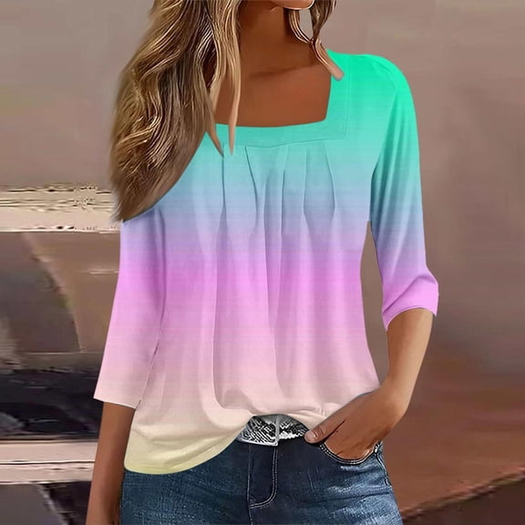 Qzwdhjm Fashion 3/4 Sleeve Tops for Women Square Neck Gradient Color Tunic Tops Summer Casual Holiday Party Blouses Green XXXL