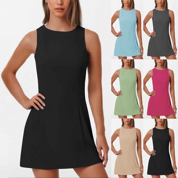 Qzwdhjm Formal Mini Dresses for Women Sleeveless Tunic Dress Solid Round Neck A-Line Sundress Wedding Guest Dresses