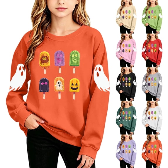 Qzwdhjm Ghost Graphic Halloween Sweatshirt for Girls - Long Sleeve Crewneck, Lightweight Fleece Cute Loose Comfy Pullover for 2-15Y