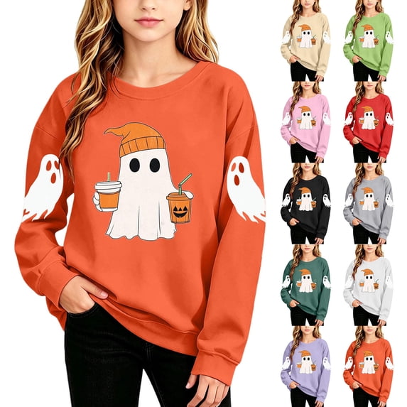 Qzwdhjm Ghost Graphic Halloween Sweatshirt for Girls - Long Sleeve Crewneck, Lightweight Fleece Cute Loose Comfy Pullover for 2-15Y