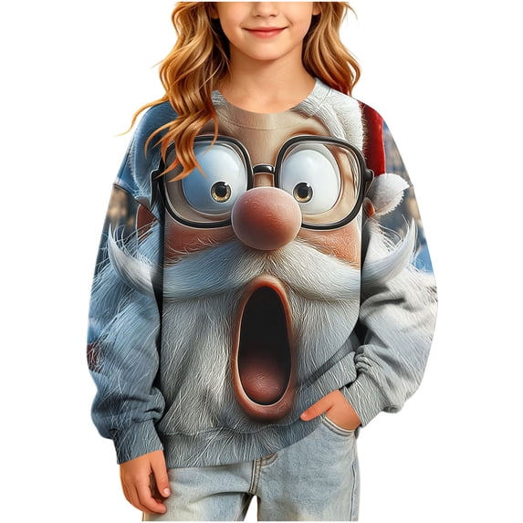 Qzwdhjm Girls Christmas Sweatshirt Long Sleeve Crewneck Cute Santa Graphic Sweatshirt Thin Fleece Winter Holiday Pullover for Girls 5-15Y
