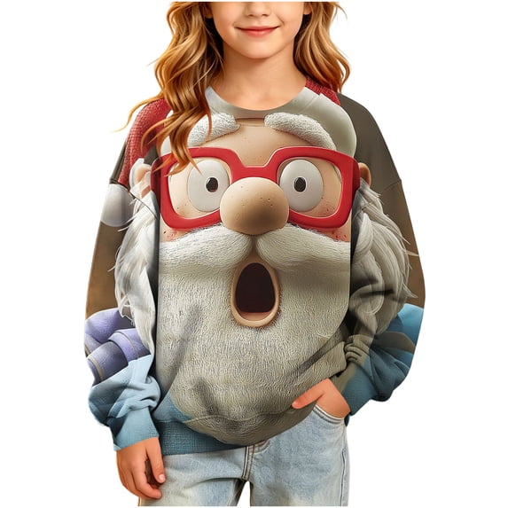 Qzwdhjm Girls Christmas Sweatshirts Long Sleeve Crewneck Sweatshirt with Santa Print Loose Casual Christmas Pullovers 5-15 Years
