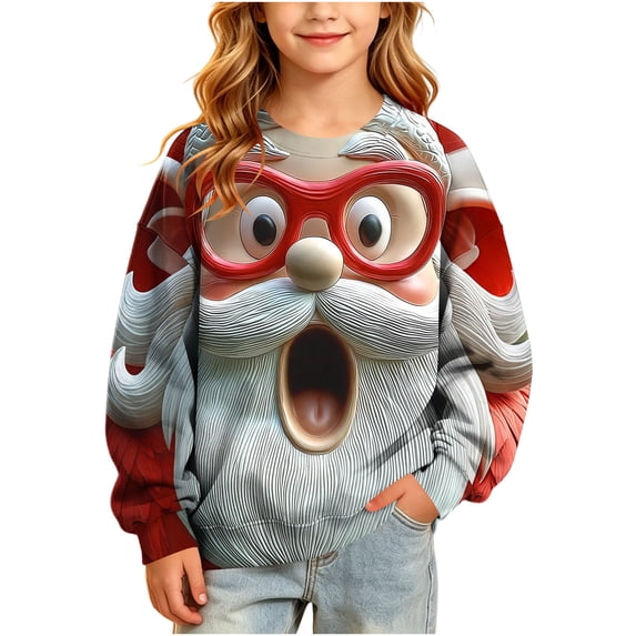Qzwdhjm Girls Christmas Sweatshirts Long Sleeve Crewneck Sweatshirt with Santa Print Loose Casual Christmas Pullovers 5-15 Years