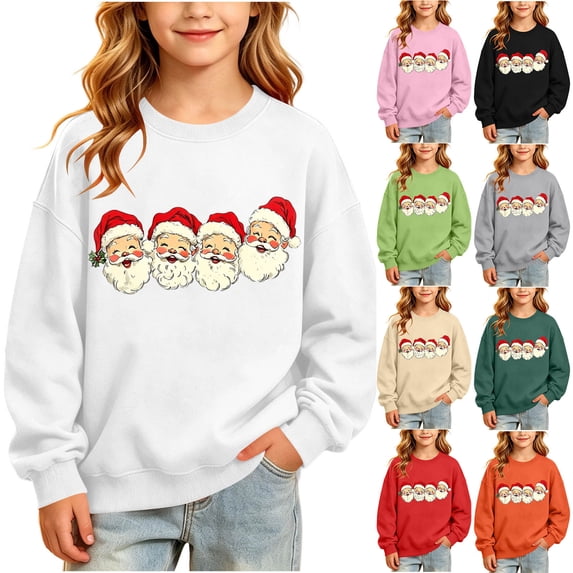 Qzwdhjm Girls Christmas Sweatshirts Xams Santa Cute Crewneck Sweatshirt with Thin Fleece Long Sleeve Graphic Winter Pullovers 2-15 Year