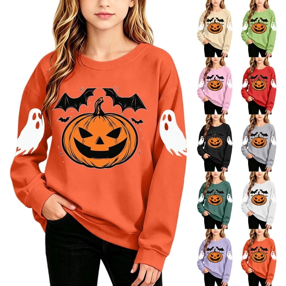 Qzwdhjm Girls Halloween Sweatshirt Cute Ghost Printed Crewneck Sweatshirts Long Sleeve Fleece Lined Pullover Tops for Halloween Party 2-15Y