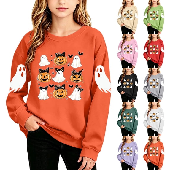 Qzwdhjm Girls Halloween Sweatshirt Cute Ghost Printed Crewneck Sweatshirts Long Sleeve Fleece Lined Pullover Tops for Halloween Party 2-15Y