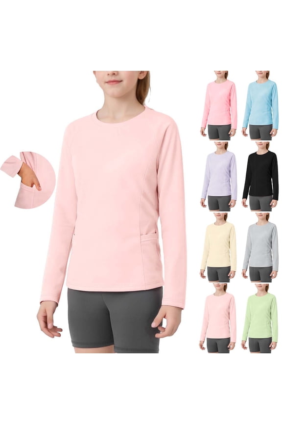 Girls Sun Protection Shirts 4-15Y Crewneck Long Sleeve Shirts Quick Dry Lightweight Summer Tshirts for Hiking Necessary