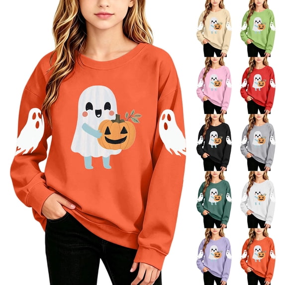 Qzwdhjm Halloween Crewneck Sweatshirt for Girl Long Sleeve Cute Ghost Graphic Sweatshirts Loose Fall Pullover for Halloween Season 2-15Y