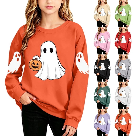 Qzwdhjm Halloween Crewneck Sweatshirts for Girl Long Sleeve Ghost Graphic Sweatshirt with Thin Fleece Cute Loose Casual Pullover 2-15 Years