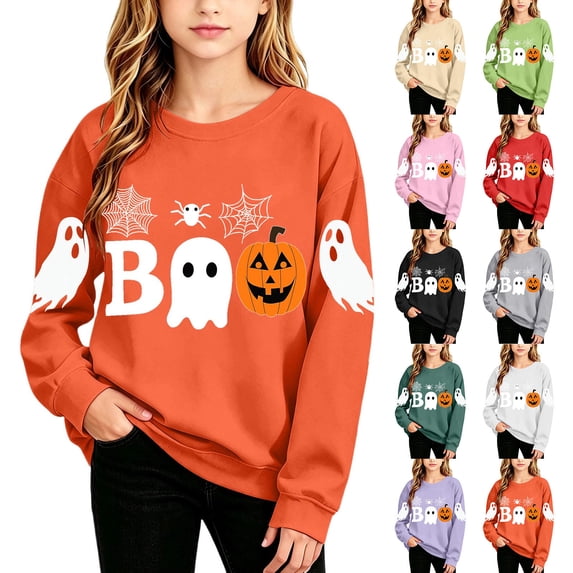 Qzwdhjm Halloween Ghost Graphic Sweatshirt for Girls Cute Long Sleeve Crewneck Sweatshirts Lightweight Fleece Loose Casual Pullover 2-15Y
