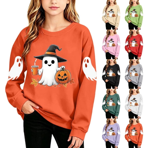 Qzwdhjm Halloween Ghost Graphic Sweatshirt for Girls Cute Long Sleeve Crewneck Sweatshirts Lightweight Fleece Loose Casual Pullover 2-15Y