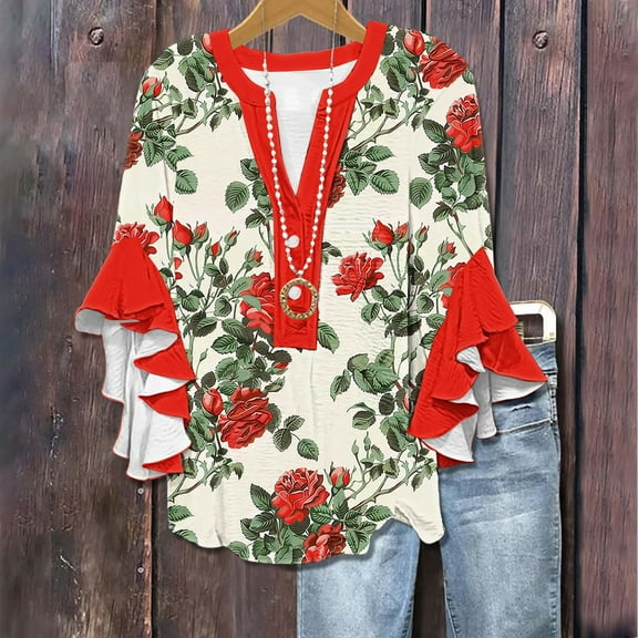 Qzwdhjm Holiday Blouses for Women Dressy Casual Floral Print T Shirts V Neck 3/4 Sleeve Tops Summer Lightweight Tee Blouses S