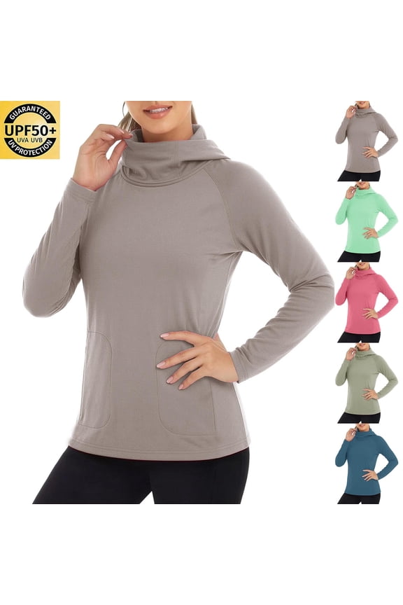 Hoodie Sun Shirts for Women UPF 50+ Turtleneck Long Sleeve Tshirts Solid Quick Dry Rashguard with Thumb Hole for Summer Hiking