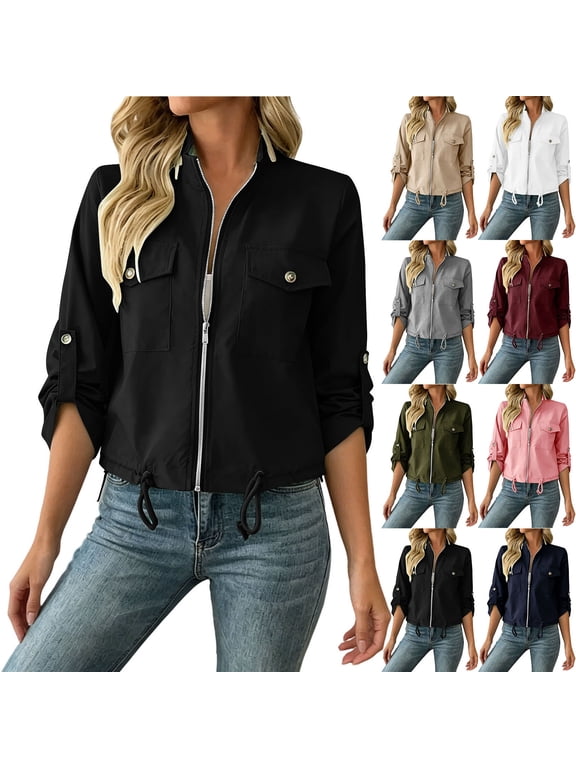 Jackets for Women Stand Collar Roll Tab Sleeve Zip up Jacket with Cargo Pockets Drawstring Hem Cropped Utility Jacket