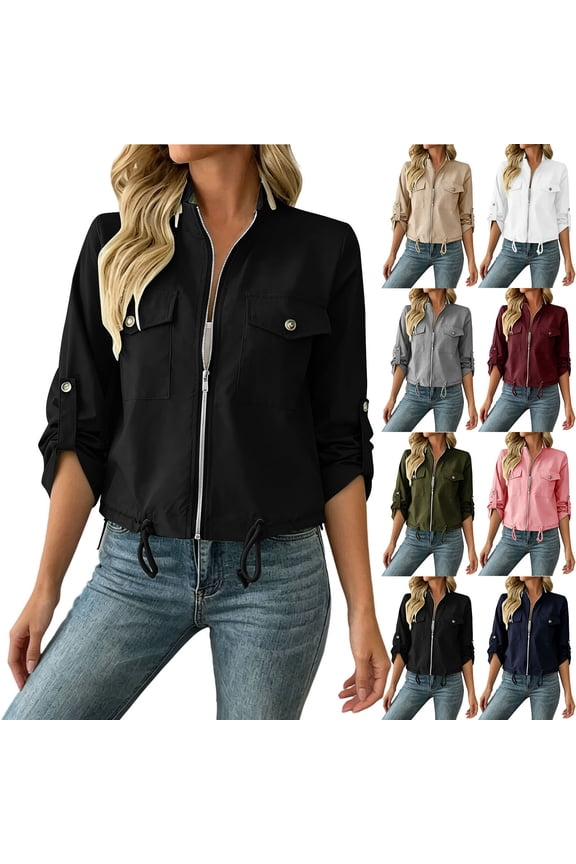 Jackets for Women Stand Collar Roll Tab Sleeve Zip up Jacket with Cargo Pockets Drawstring Hem Cropped Utility Jacket