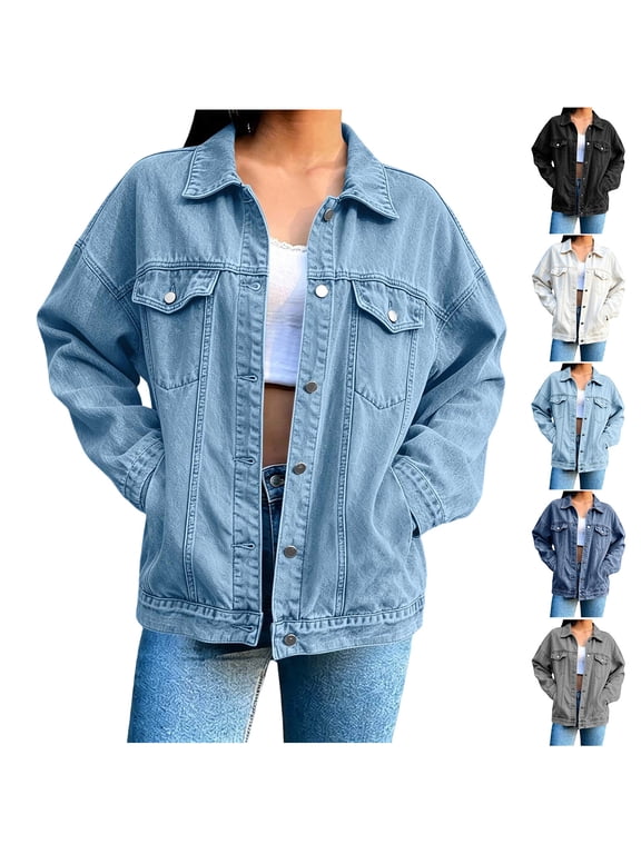 Jean Jacket Women Lapel Collar Button Down Denim Jacket Long Sleeve Loose Casual Vintage Coat with Pocket
