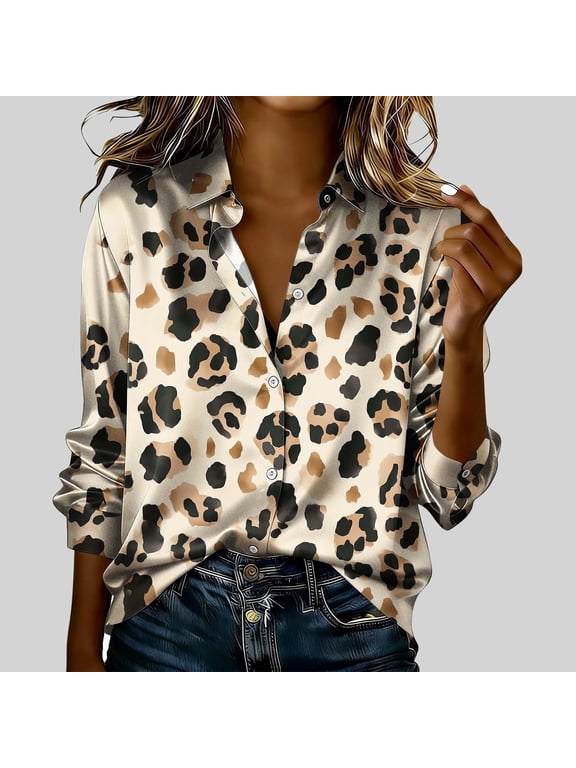 Leopard Satin Button Down Shirts for Women Dressy Casual Long Sleeve Tops for Summer Outdoor Soft Comfy Loose Blouses for Party