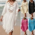 thumbnail image 1 of Qzwdhjm Linen Swimsuit Cover Up for Women Hollow Out Long Sleeve Midi Dresses V Neck Asymmetrical Hem Bathing Suit Coverup with Tassle for Summer Beach, 1 of 6