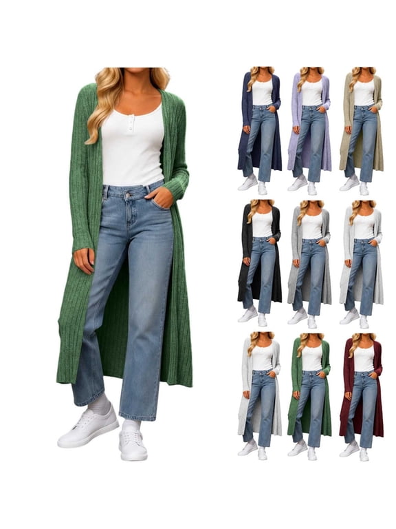 Long Cardigan Sweaters for Women Ribbed Knit Open Front Duster Cardigans with Slit Side Long Sleeve Casual Fall Sweater Coats