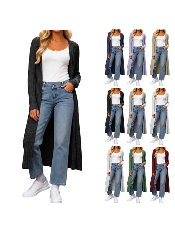 Long Cardigan Sweaters for Women Ribbed Knit Open Front Duster Cardigans with Slit Side Long Sleeve Casual Fall Sweater Coats