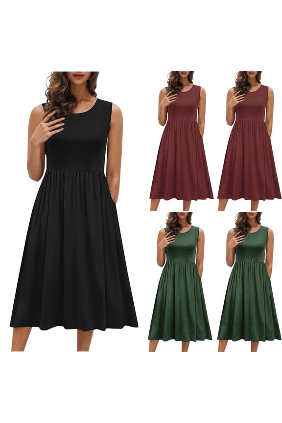 Midi Dresses for Women A-Line Swing Sleeveless Summer Dress Round Neck Solid Casual Dresses Lounge Outdoor Sundress with Pocket