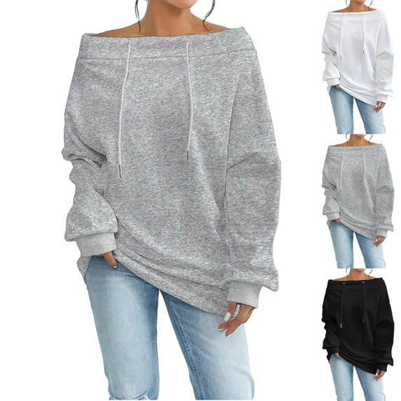 Qzwdhjm Off Shoulder Sweatshirts for Women Drawstring Long Sleeve Sweatshirt Soft Loose Casual Fall Pullover Tops