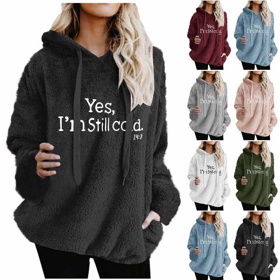 Qzwdhjm Oversized Fuzzy Hoodies for Women Long Sleeve Sherpa Hoodie with Letter Print Fluffy Cozy Casual Fall Sweatshirts with Pocket