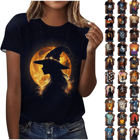 Qzwdhjm Plus Size Halloween Shirts for Women Short Sleeve Spooky Season Tshirts Crewneck Plus Size Witch Graphic Tees for Fall Party