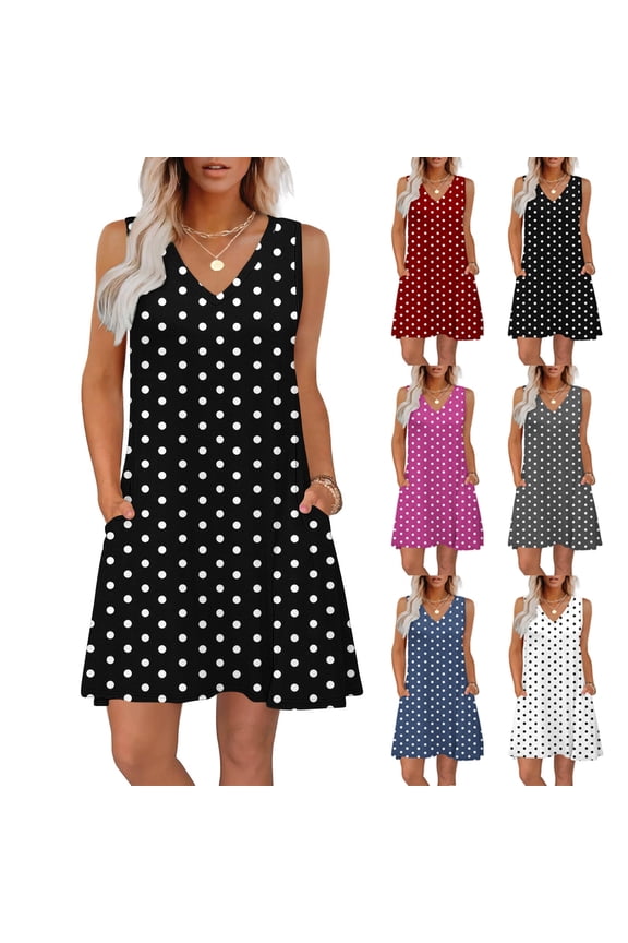 Polka Dot Dress for Women V Neck Tunic Mini Dresses Sleeveless Summer Dress Flowy Dressy Casual Sundress for Vacation with Pocket
