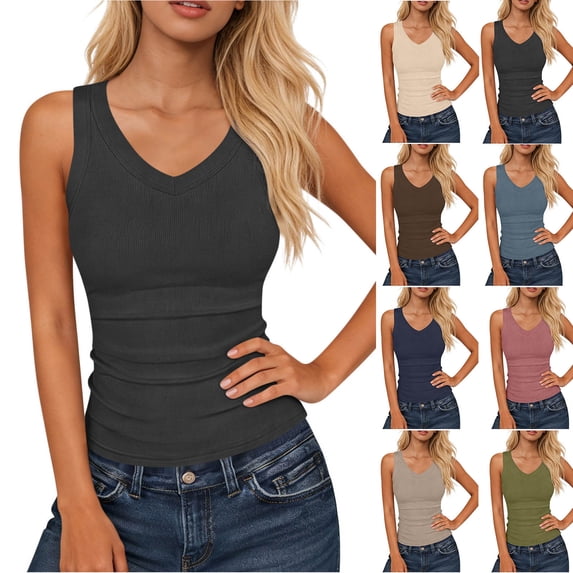 Qzwdhjm Ribbed Tank Tops for Women Ruched V Neck Tanks Slim Fit Sleeveless Shirts Stretchy Solid Basic Tees for Summer Going Out