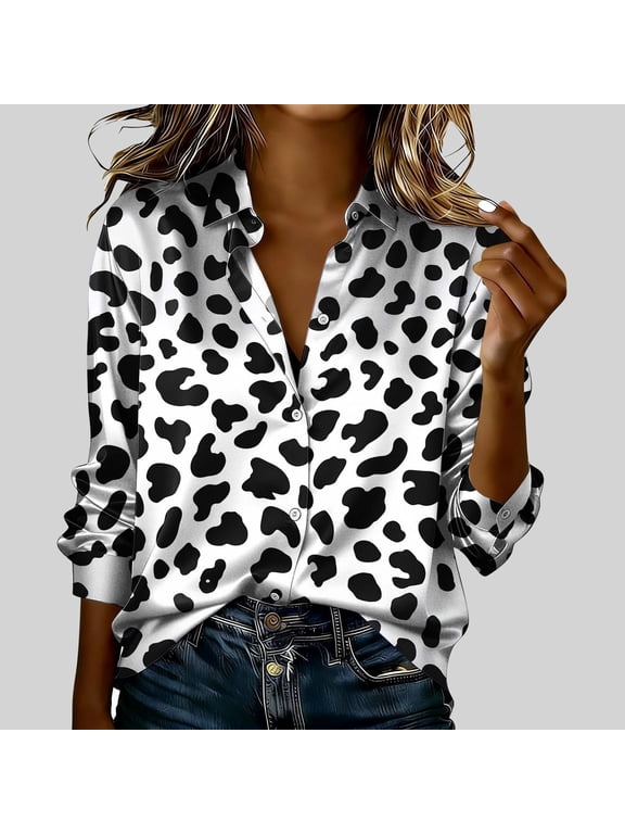 Satin Button Down Shirts for Women Leopard Print Long Sleeve Tshirts Smooth V Neck Collared Blouse for Summer Casual Wear