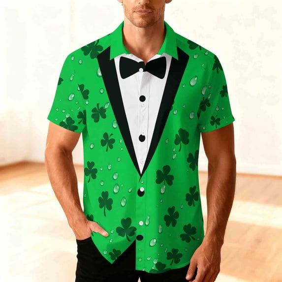 Qzwdhjm St Patricks Day Tuxedo T-Shirt for Men Shamrock Print Button Down Shirts Short Sleeve V Neck Shirts for Funny Theme Party