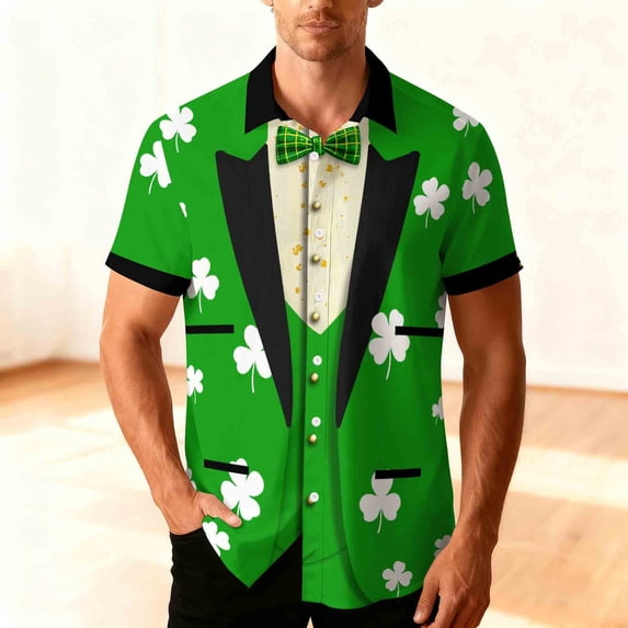 Qzwdhjm St Patricks Day Tuxedo T-Shirt for Men Shamrock Print Button Down Shirts Short Sleeve V Neck Shirts for Funny Theme Party