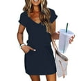thumbnail image 1 of Qzwdhjm Summer Blouson Dress for Women Drawstring Elastic Waist Mini Dresses Short Sleeve V Neck Short Dress Solid Going Out Sundress with Pocket, 1 of 7