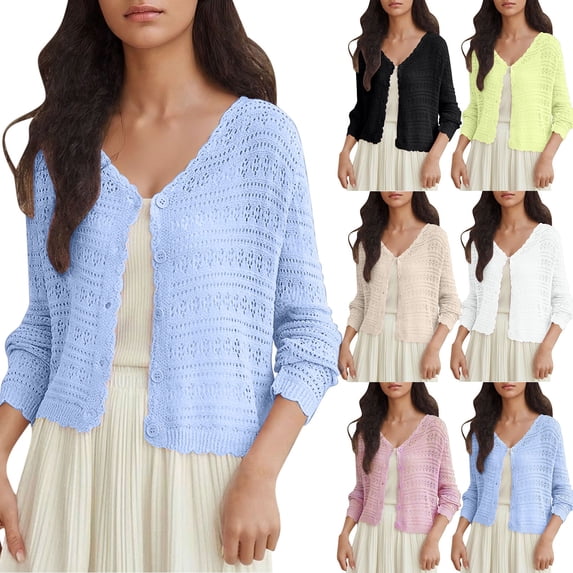 Qzwdhjm Summer Cardigan for Women Crochet Button Down Swimsuit Coverup Long Sleeve V Neck Beach Coverups Cardigans for Lounge Summer