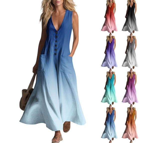 Qzwdhjm Sundress for Women Gradinet Sleeveless Maxi Dress for Beach Button V Neck Swing A Line Dresses with Pockets