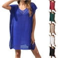 thumbnail image 1 of Qzwdhjm Swimsuits Coverups for Women Cap Sleeve Mini Dress Coverup Hollow Out V Neck Beach Cover Up with Slit Side for Swimpool Party, 1 of 6