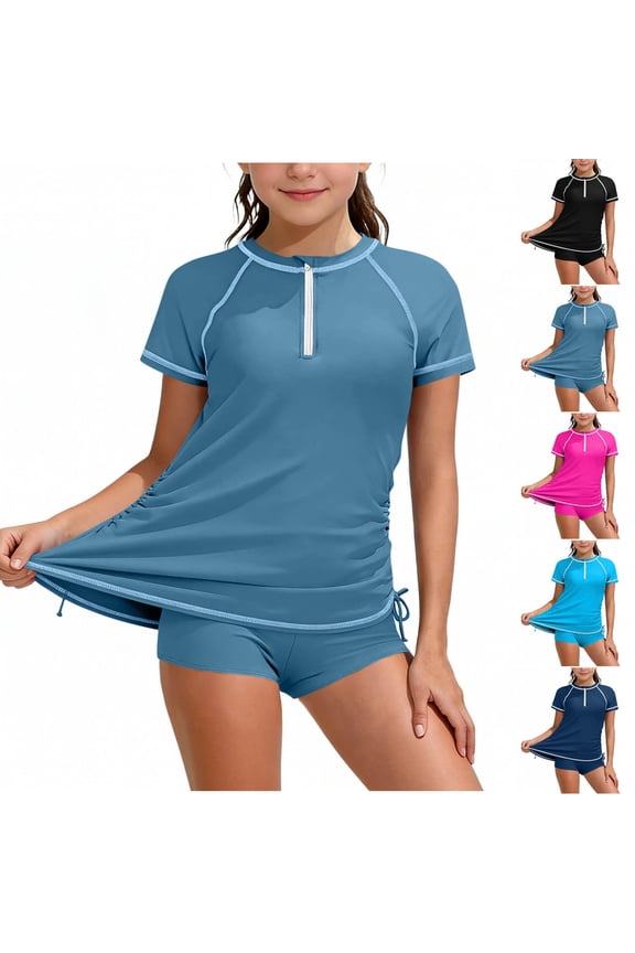 Tankini Rash Guard for Girl Two Piece Athletic Bathing Suits Crewneck Short Sleeve Half Zipper Swimsuit with Boyshorts Surfing Rashguard