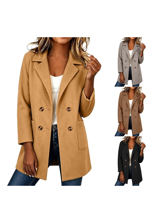 Trench Coat for Women Notched Lapel Double Breasted Mid Length Woolen Peacoat Long Sleeve Cozy Fall Outdoor Jacket with Pocket