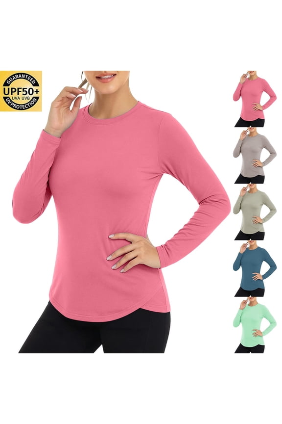 UPF 50+ Long Sleeve Tops Women Crew Neck Quick Dry Sun Shirt UV Protection Loose Fit Tunics Solid Summer Activewear Rashguard