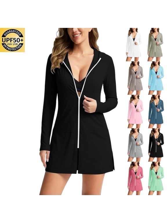 UPF 50+ Sun Jackets for Women Zip-Front Hoodie Long Jackets Long Sleeve Swim Cover Up Dress UV Protection Beachwear