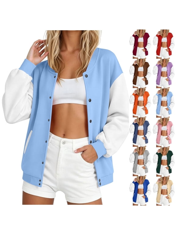 Varsity Jackets for Women Button Down Baseball Jacket Color Block Long Sleeve Bomber Coats Loose Casual Coat with Pockets