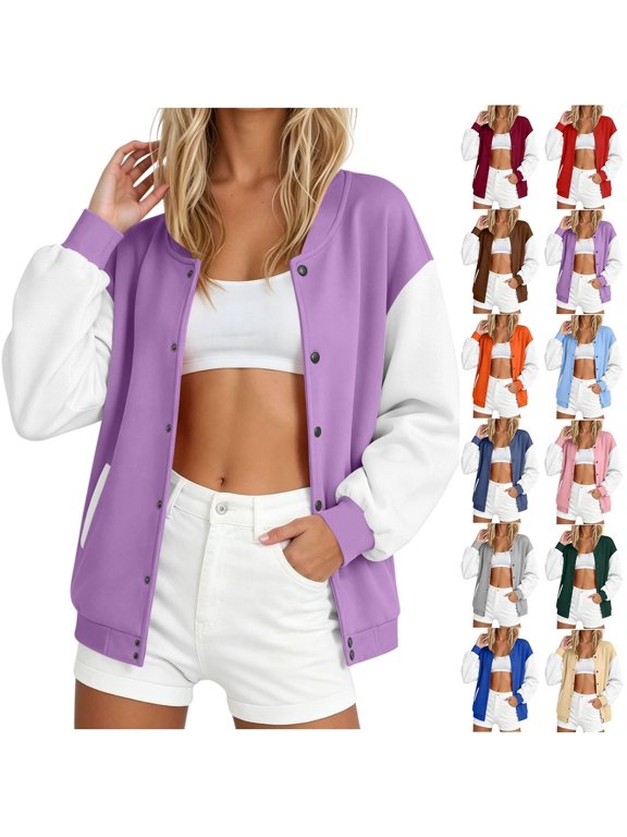 Varsity Jackets for Women Button Down Baseball Jacket Color Block Long Sleeve Bomber Coats Loose Casual Coat with Pockets