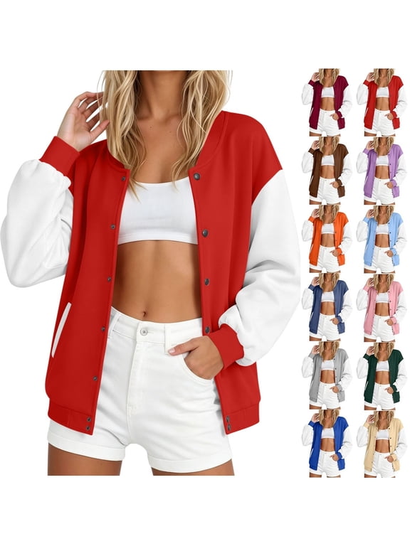 Varsity Jackets for Women Button Down Baseball Jacket Color Block Long Sleeve Bomber Coats Loose Casual Coat with Pockets