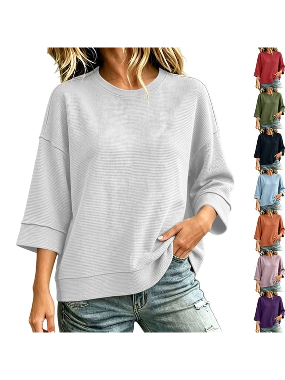 Waffle Knit Sweatshirt for women Oversized Crew Neck 3/4 Sleeve Sweatshirt Drop Shoulder Loose Casual Fall Pullover Tops