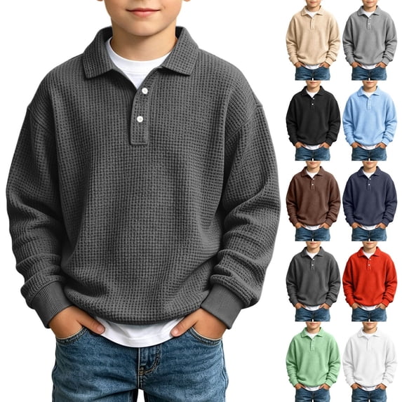 Qzwdhjm Waffle Knit Sweatshirts for Boy Button up Long Sleeve Henley Sweatshirt Solid Loose Fall Casual Pullover Tops 3-14 Years