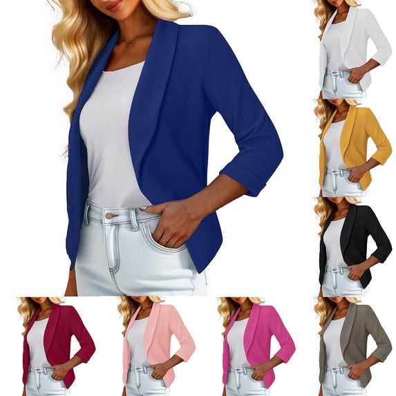 Qzwdhjm Women 3/4 Sleeve Blazers Summer Casual Open Front Cardigan Jackets Solid Color Lapel Work Business Suit Jackets Hot Pink XXL