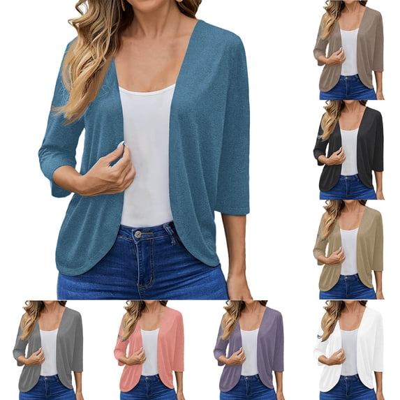 Qzwdhjm Women's 3/4 Sleeve Cropped Cardigans Summer Lightweight Elegant Shrugs Solid Color Cover Ups Gray S